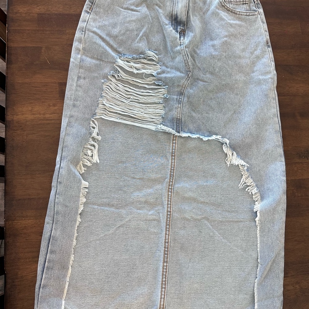 Distressed High-Low Denim Skirt